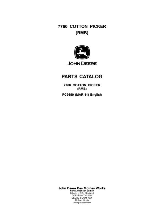 John Deere 7760 Cotton Picker (RMB) Cotton picker Parts catalog PC9650 — actual manual cover