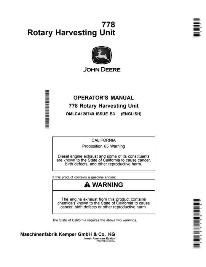 John Deere 778 Rotary Harvesting Unit North American Edition Rotary harvesting unit Operator manual OMLCA128740 — actual manual cover