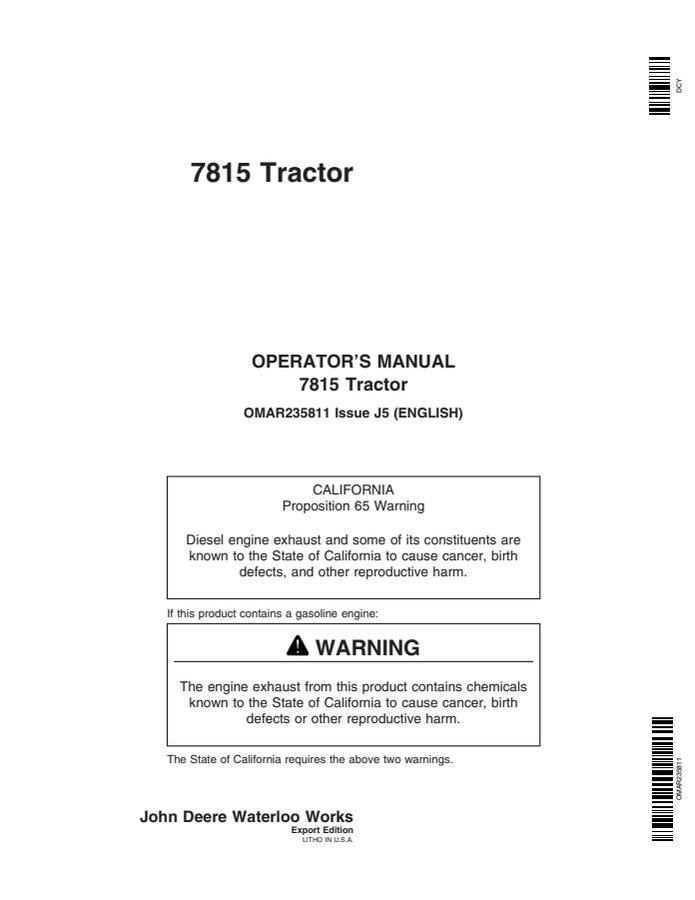 John Deere 7815 Tractor Export Edition Tractor Operator manual OMAR235811 — actual manual cover