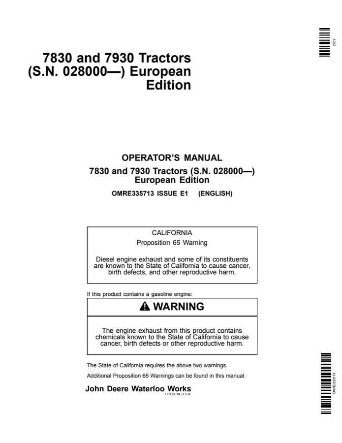 John Deere 7830 and 7930 Tractors European Edition Tractor Operator manual OMRE335713 — actual manual cover