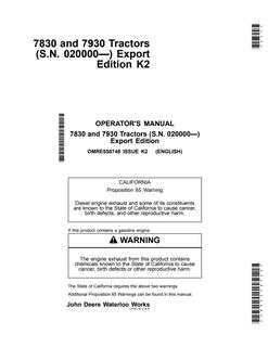 John Deere 7830 and 7930 Tractors Export Edition Tractor Operator manual OMRE558746 — actual manual cover