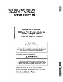 John Deere 7830 and 7930 Tractors Export Edition Tractor Operator manual OMRE578532 — actual manual cover