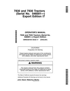John Deere 7830 and 7930 Tractors Export Edition Tractor Operator manual OMRE589199 — actual manual cover