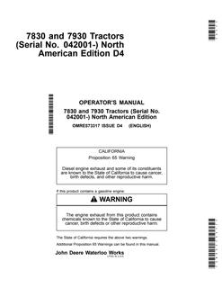 John Deere 7830 and 7930 Tractors North American Edition Tractor Operator manual OMRE573317 — actual manual cover