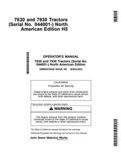 John Deere 7830 and 7930 Tractors North American Edition Tractor Operator manual OMRE578538 — actual manual cover