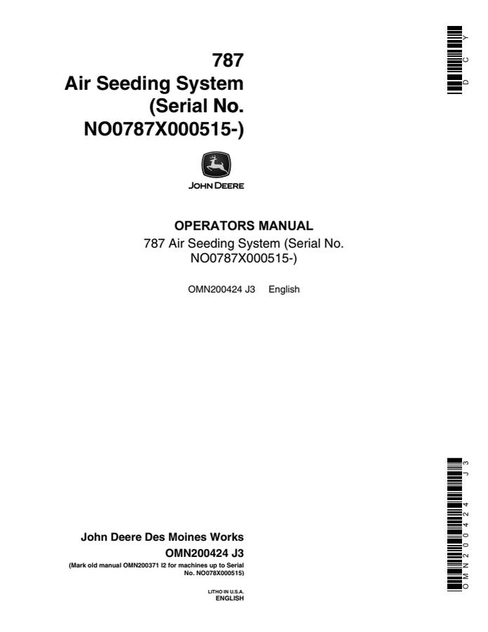 John Deere 787 Air Seeding System Air seeding system Operator manual OMN200424 — actual manual cover