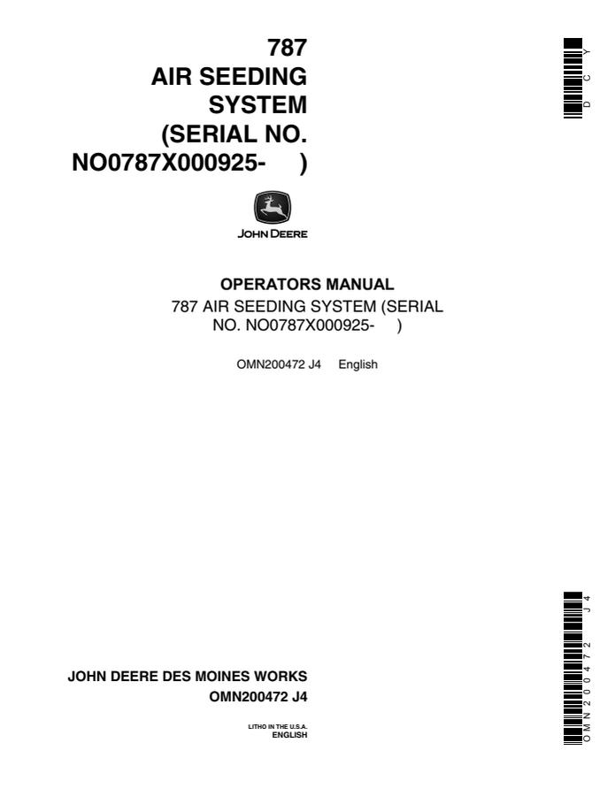 John Deere 787 Air Seeding System Air seeding system Operator manual OMN200472 — actual manual cover