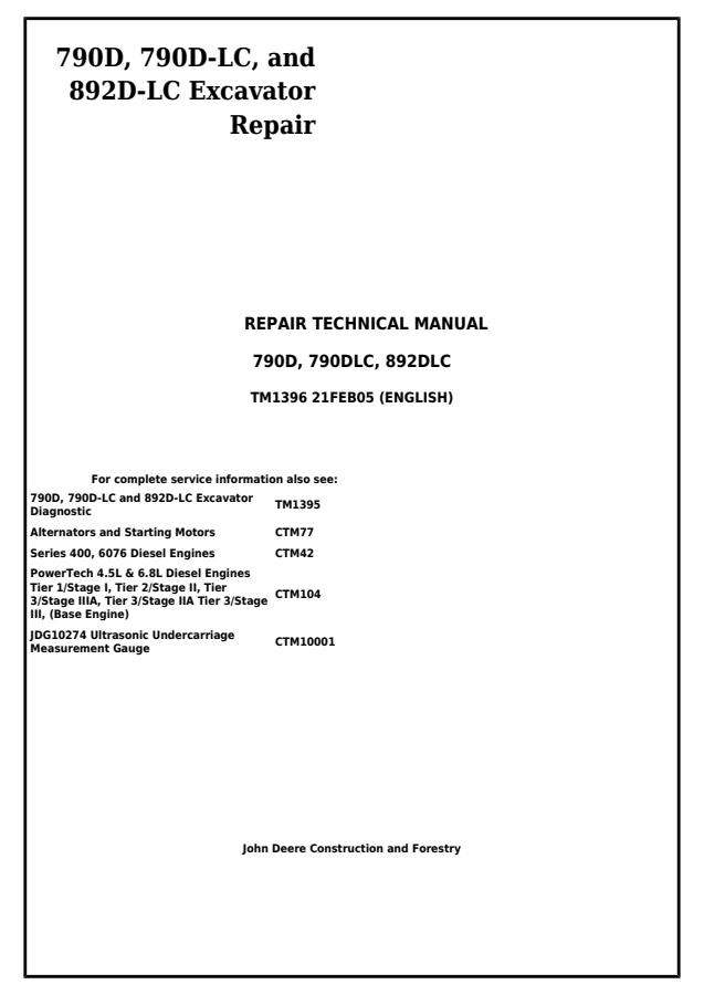 John Deere 790D, 790D-LC, 892D-LC Excavators Repair Technical Manual TM1396 — actual manual cover