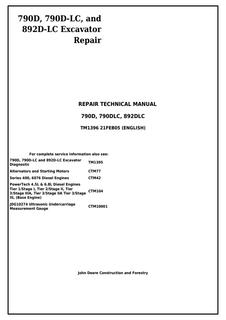 John Deere 790D, 790D-LC, 892D-LC Excavators Repair Technical Manual TM1396 — actual manual cover