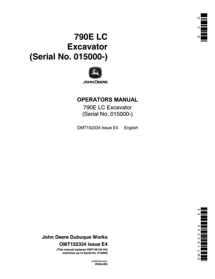 John Deere 790E LC Excavator Operator manual OMT152334 — actual manual cover