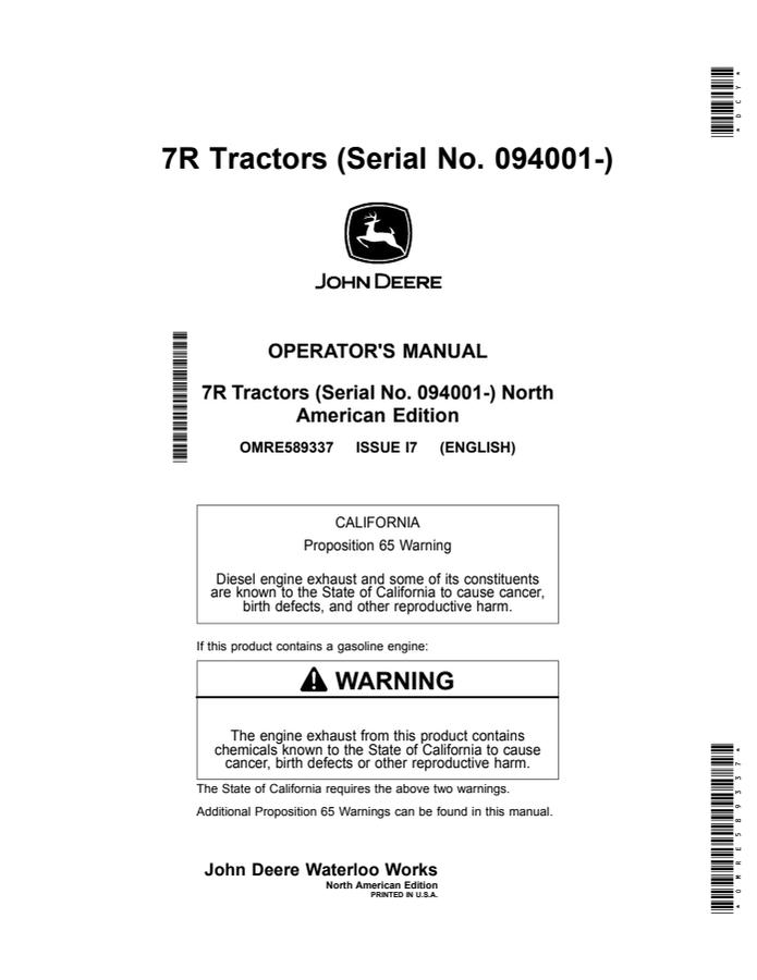 John Deere 7R Series Tractor Operator manual OMRE589337 — actual manual cover