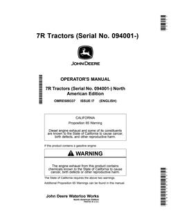 John Deere 7R Series Tractor Operator manual OMRE589337 — actual manual cover