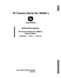 John Deere 7R Tractors Export Edition Tractor Operator manual OMRE589313 — actual manual cover