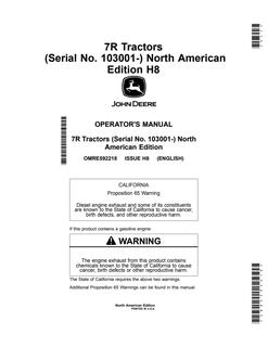 John Deere 7R Tractors North American Edition Tractor Operator manual OMRE592218 — actual manual cover
