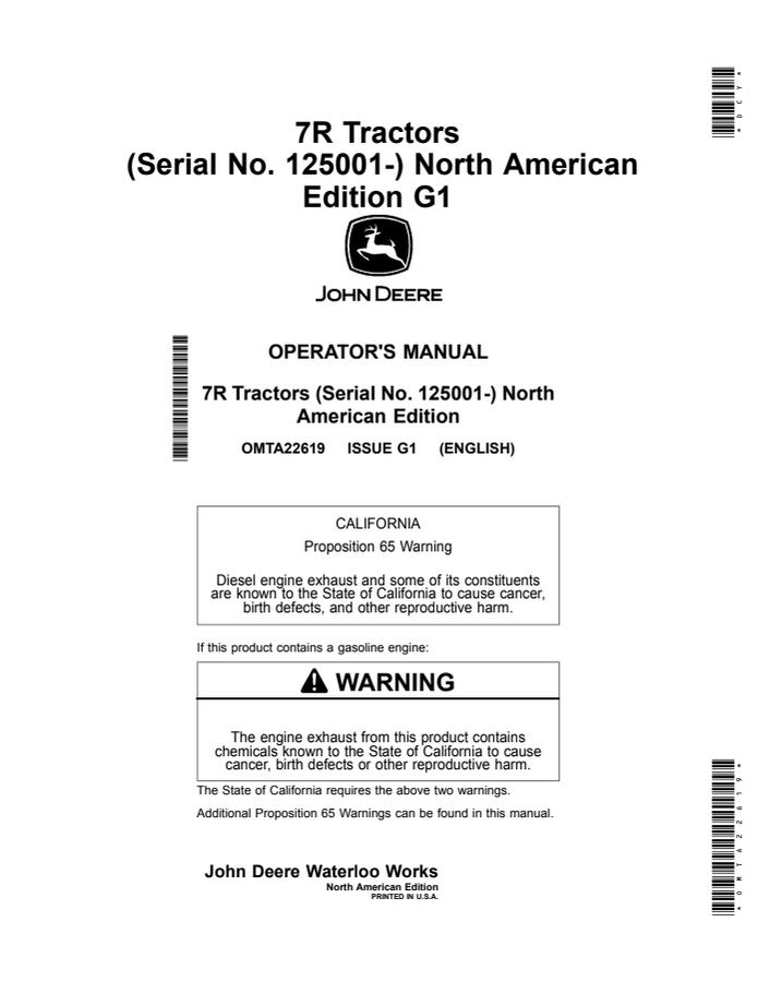 John Deere 7R Tractors North American Edition Tractor Operator manual OMTA22619 — actual manual cover