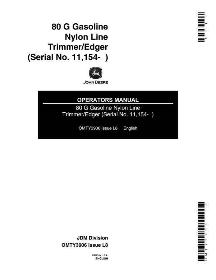 John Deere 80 G Trimmer/edger Operators manual OMTY3906 — actual manual cover