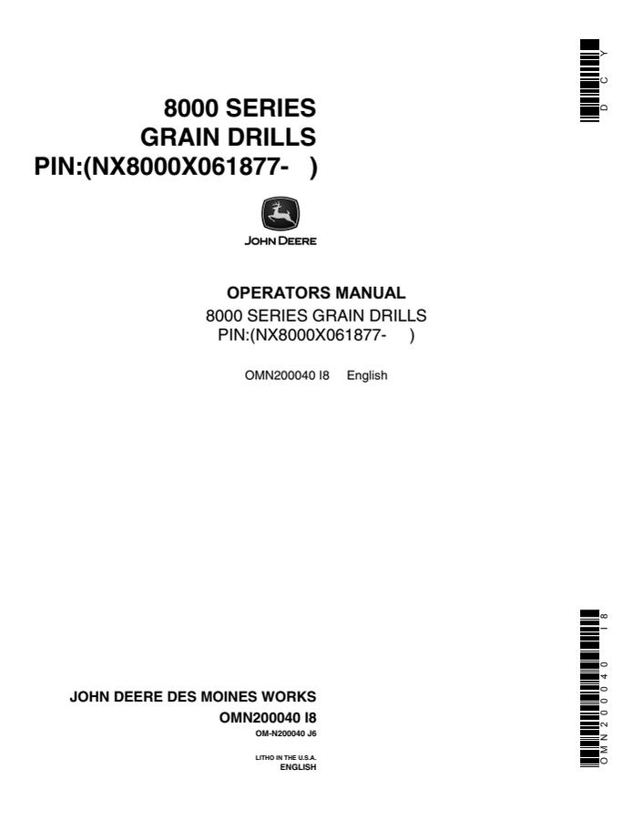 John Deere 8000 Series Grain Drills Grain drill Operator manual OMN200040 — actual manual cover