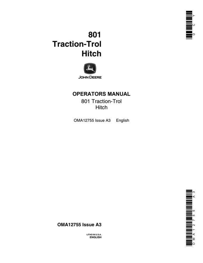 John Deere 801 Traction-Trol Hitch Hitch Operator manual OMA12755 — actual manual cover