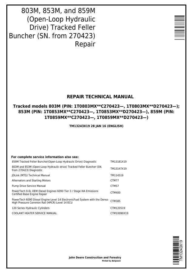 John Deere 803M, 853M, 859M Tracked Feller Buncher Repair Technical Manual TM13243X19 — actual manual cover