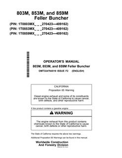 John Deere 803M, 853M and 859M Feller buncher Operator manual OMT334794X19 — actual manual cover