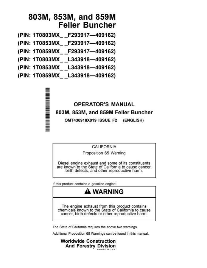 John Deere 803M, 853M and 859M Feller buncher Operator manual OMT430918X019 — actual manual cover