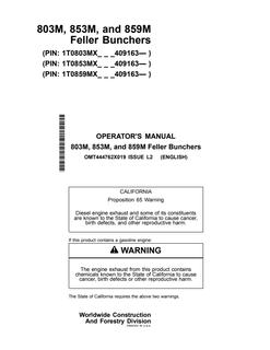 John Deere 803M, 853M and 859M Feller buncher Operator manual OMT444762X019 — actual manual cover