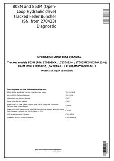 John Deere 803M 853M Tracked Feller Buncher Diagnostic Operation and Test Manual — actual manual cover