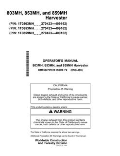 John Deere 803MH, 853MH and 859MH Harvester Operator manual OMT334797X19 — actual manual cover