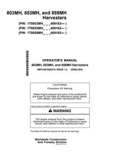 John Deere 803MH, 853MH and 859MH Harvester Operator manual OMT444764X019 — actual manual cover