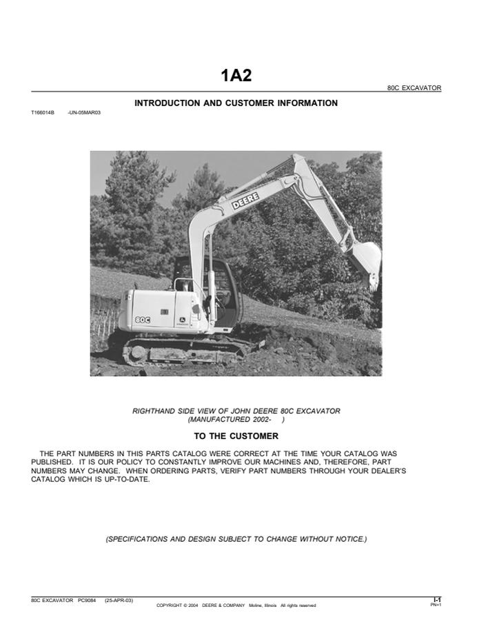 John Deere 80C, manufactured 2002 and later Excavator Parts catalog PC9084 — actual manual cover