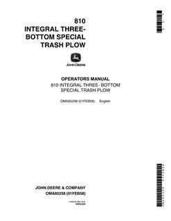 John Deere 810 Integral three-bottom special trash Plow Operator manual OMA85258 — actual manual cover