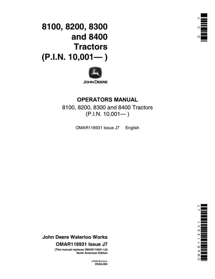 John Deere 8100, 8200, 8300, 8400 Tractor Operator manual OMAR116931 — actual manual cover