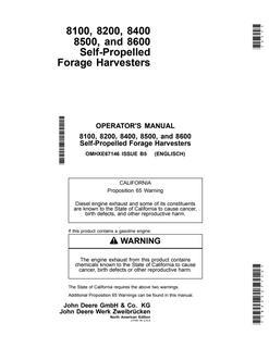 John Deere 8100, 8200, 8400, 8500, 8600 Forage harvester Operator's manual OMHXE67146 — actual manual cover