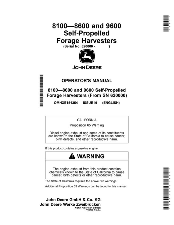 John Deere 8100–8600 and 9600 Forage harvester Operator manual OMHXE151354 — actual manual cover