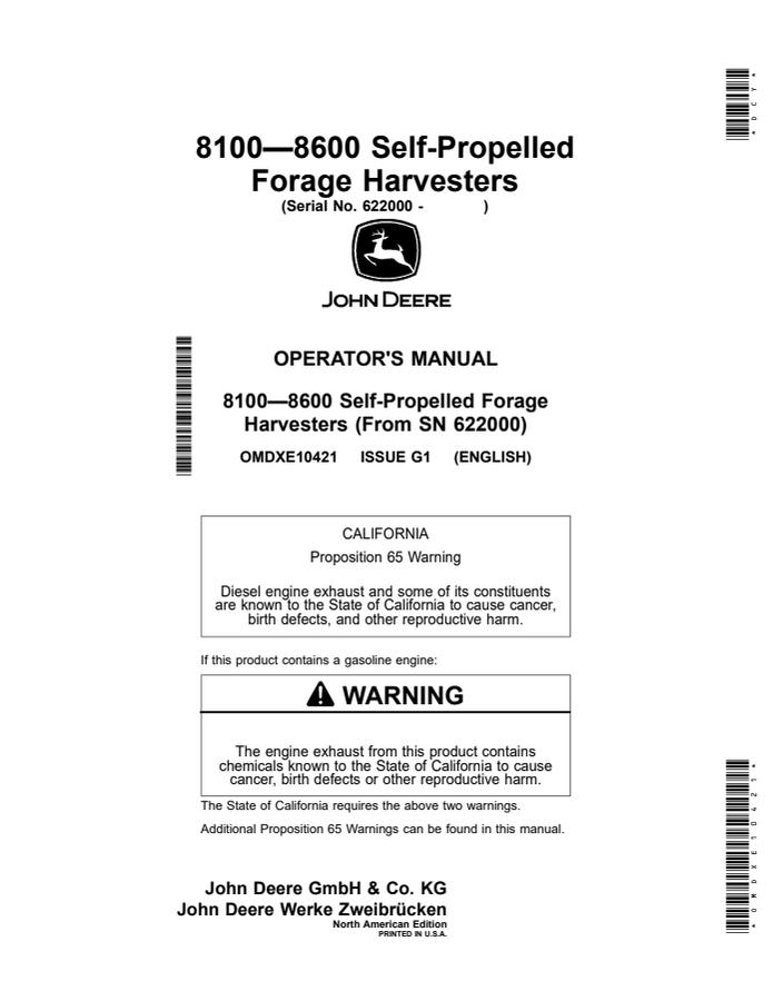 John Deere 8100–8600 Forage harvester Operator manual OMDXE10421 — actual manual cover