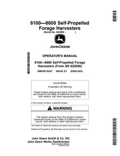 John Deere 8100–8600 Forage harvester Operator manual OMDXE10421 — actual manual cover