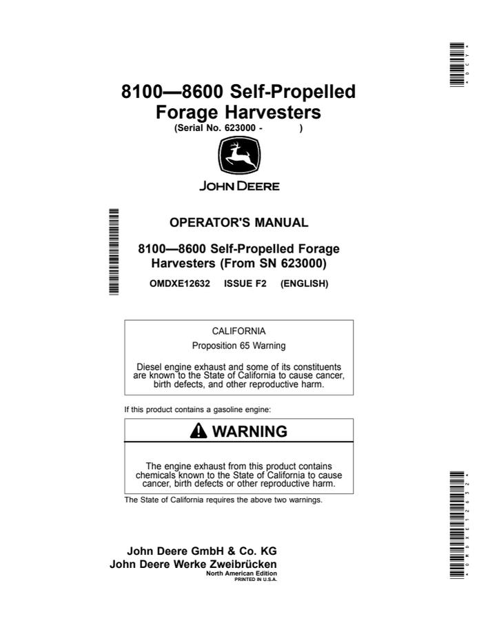 John Deere 8100–8600 Forage harvester Operator manual OMDXE12632 — actual manual cover