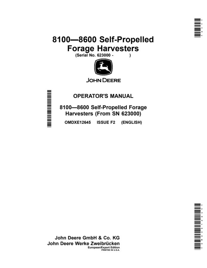 John Deere 8100–8600 Forage harvester Operator manual OMDXE12645 — actual manual cover