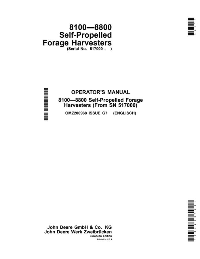John Deere 8100–8800 Forage harvester Operator manual OMZ200968 — actual manual cover
