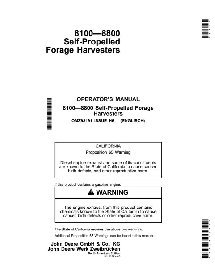 John Deere 8100–8800 Forage harvester Operator manual OMZ93191 — actual manual cover