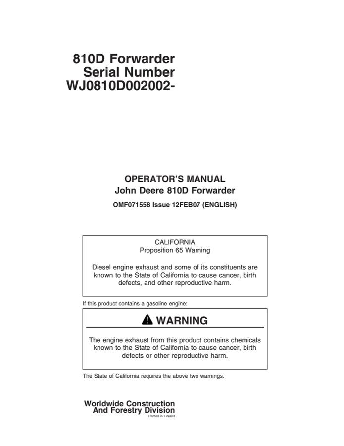John Deere 810D Forwarder Operator manual OMF071558 — actual manual cover