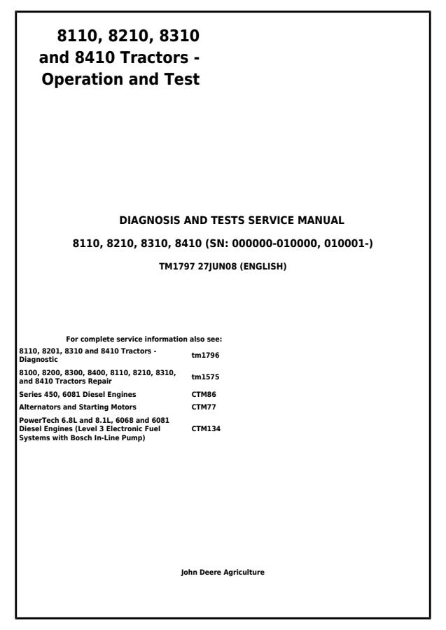 John Deere 8110, 8210, 8310, 8410 Tractor Diagnosis and tests manual TM1797 — actual manual cover