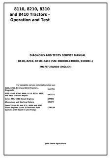 John Deere 8110, 8210, 8310, 8410 Tractor Diagnosis and tests manual TM1797 — actual manual cover
