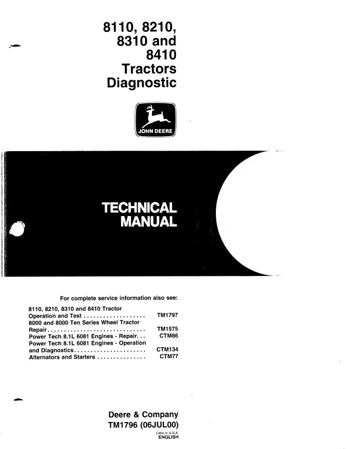 John Deere 8110, 8210, 8310, 8410 Tractor Diagnostic Technical Manual TM1796 — actual manual cover