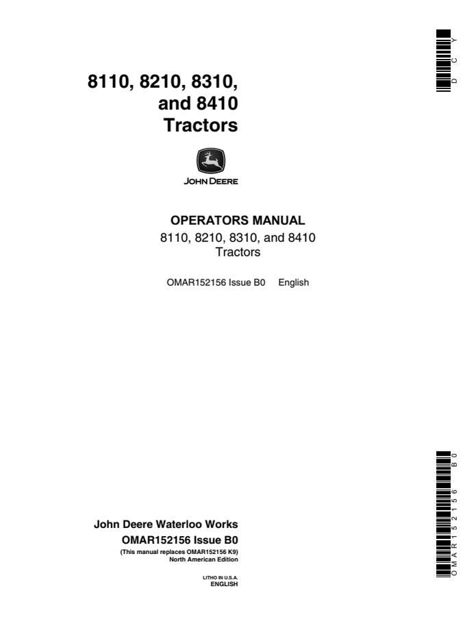 John Deere 8110, 8210, 8310 and 8410 Tractor Operator manual OMAR152156 — actual manual cover