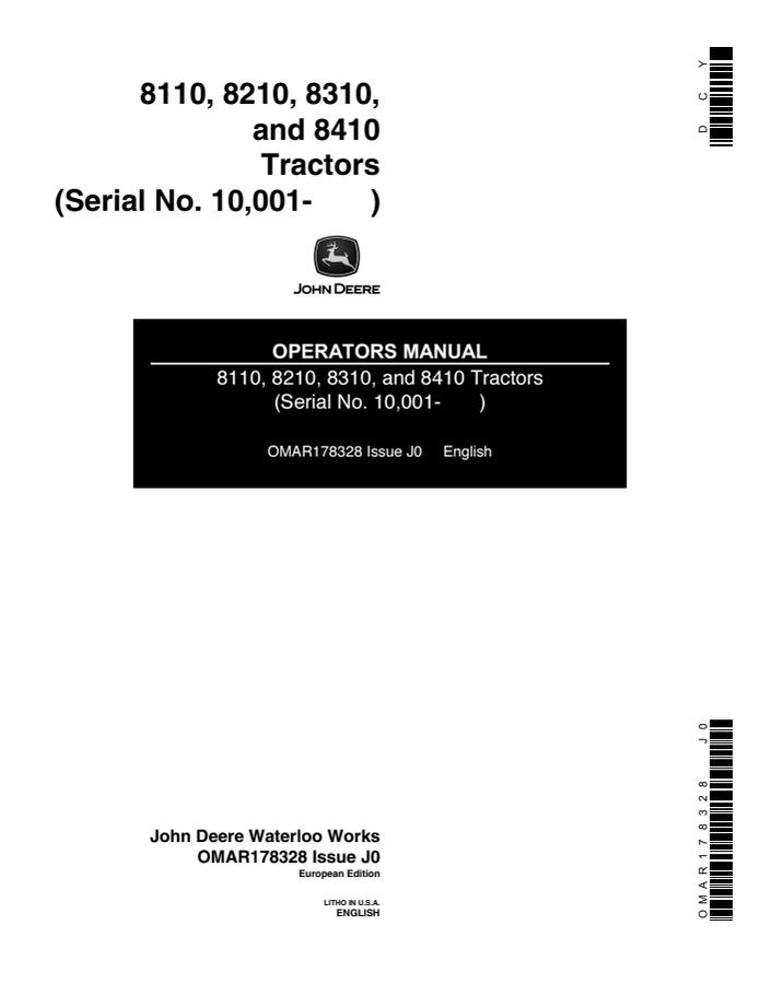 John Deere 8110, 8210, 8310 and 8410 Tractor Operator manual OMAR178328 — actual manual cover