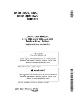 John Deere 8120, 8220, 8320, 8420 and 8520 Tractor Operator manual OMAR178076 — actual manual cover