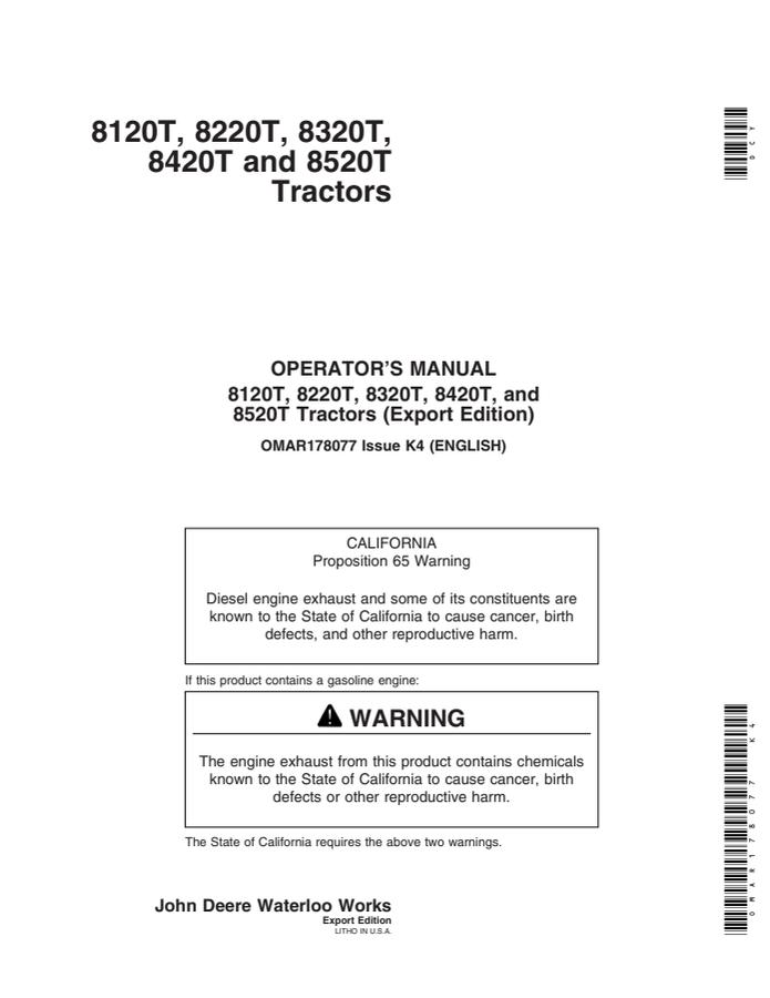 John Deere 8120T, 8220T, 8320T, 8420T and 8520T Tractor Operator manual OMAR178077 — actual manual cover