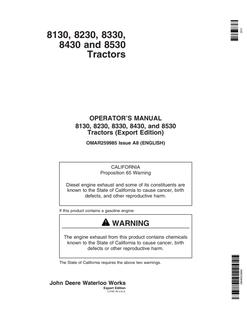 John Deere 8130, 8230, 8330, 8430, 8530 Agricultural tractor Operator's manual OMAR259985 — actual manual cover
