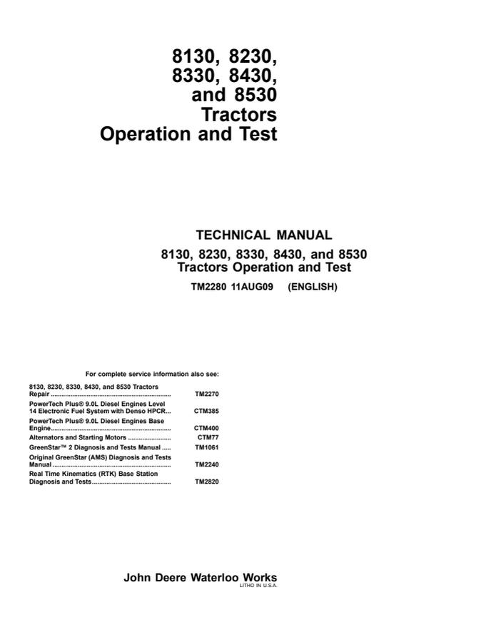 John Deere 8130, 8230, 8330, 8430, 8530 Tractor Operation and Test Technical Manual TM2280 — actual manual cover